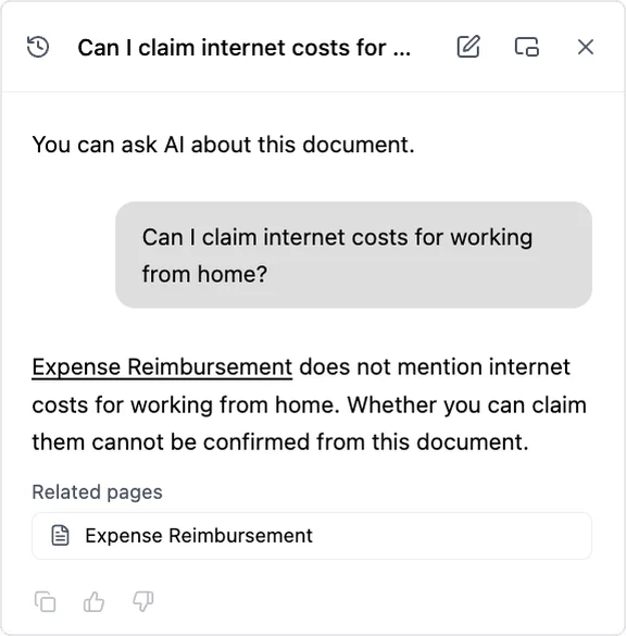 The AI chat of an internal manual. To the question "Can I claim internet costs for working from home?", the AI answers "The expense reimbursement page does not mention internet costs for working from home. Whether you can claim them cannot be confirmed from this document."