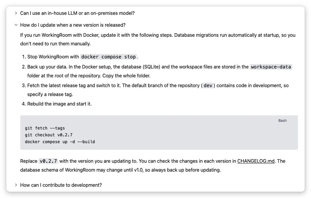 The FAQ item Claude added to the WorkingRoom landing page, "How do I update when a new version is released?", with four steps (stop, back up, switch to a release tag, rebuild), the commands to run, and a note urging a backup