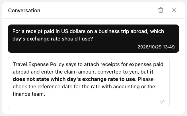 The "Conversation" view shown when a question is selected in Monjiro's "Q&A history". It shows the question "For a receipt paid in US dollars on a business trip abroad, which day's exchange rate should I use?" and the AI's answer: "The Travel Expense Policy says to attach receipts for expenses paid abroad and enter the claim amount converted to yen, but it does not state which day's exchange rate to use. Please check the reference date for the rate with accounting or the finance team."