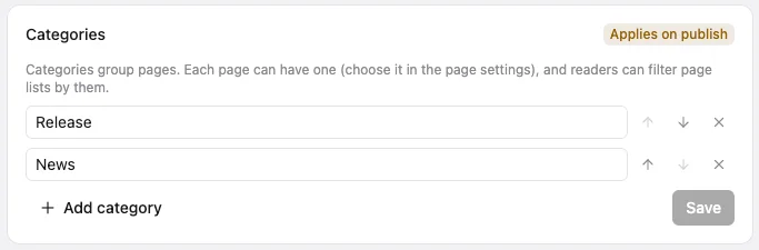 "Categories" in the project settings (Applies on publish). There are fields for two categories, "Release" and "News", buttons to reorder and delete them, and the "Add category" and "Save" buttons.