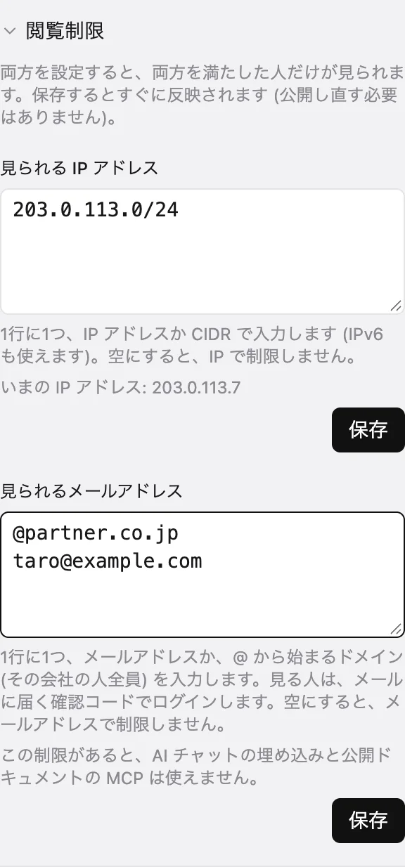 ドキュメントの編集画面の「閲覧制限」。IP アドレスとメールアドレスの入力欄