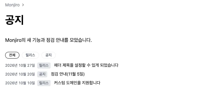 공개 페이지의 "공지". 설명문 아래에 "전체", "릴리스", "공지" 필터 버튼이 있고, "2026년 10월 27일 릴리스 헤더 제목을 설정할 수 있게 되었습니다", "2026년 10월 20일 공지 점검 안내(11월 5일)", "2026년 10월 10일 릴리스 커스텀 도메인을 지원합니다"가 최신순으로 나열되어 있습니다.
