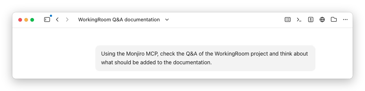 Claude Code Desktop with an instruction asking it to check the Q&A of WorkingRoom and think about what to add to the documentation