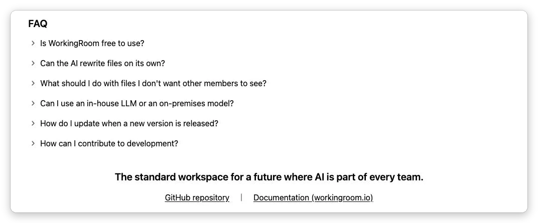 The "FAQ" section of the landing page, with six collapsible questions (whether it is free, whether the AI rewrites files on its own, handling files you don't want others to see, using an in-house LLM, how to update, how to contribute), followed by the closing copy and links to GitHub and the documentation