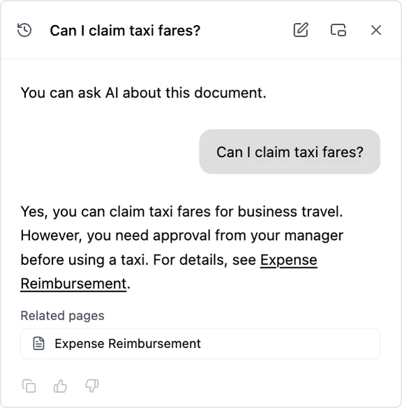 The AI chat of an internal manual. To the question "Can I claim taxi fares?", the AI answers "You can claim taxi fares for business travel. However, you need approval from your manager before using a taxi", and shows "Expense Reimbursement" as the reference page.