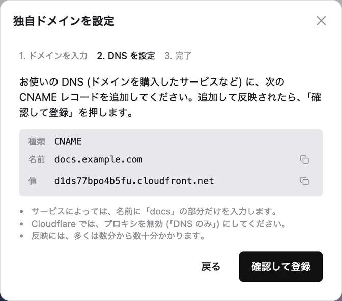 Step 2. The CNAME record to add to DNS (type CNAME, name docs.example.com, value xxxx.cloudfront.net) and the "Verify and register" button