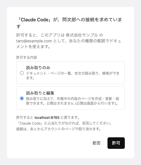 Screen for allowing the connection. Under the heading ““Claude Code” wants to connect to Monjiro”, it shows the account to connect (organization name and email address), the options "Read only" and "Read and edit" for what to allow, where you return after allowing (localhost), and the "Deny" and "Allow" buttons.