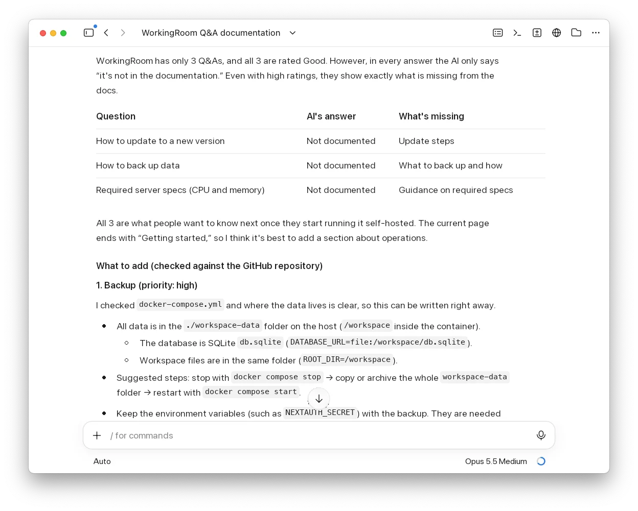 Claude's suggestions based on the Q&A, shown in Claude Code Desktop. A table lists the AI's answer and the missing content for the three questions (update steps, what and how to back up, required specs), followed by a proposal for documenting backups based on the repository's docker-compose.yml
