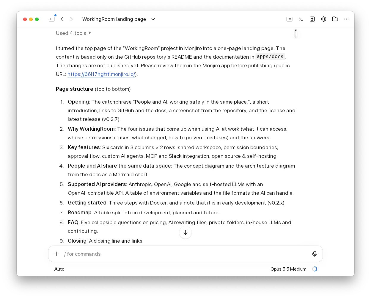Claude's report in Claude Code Desktop after creating the landing page. It lists the sources it used, that nothing was published, and the page structure from top to bottom (opening, why WorkingRoom, key features, shared data space, supported AI providers, getting started, roadmap, FAQ, closing)