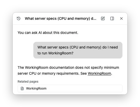 The AI chat on the English WorkingRoom public site. To the question about the server specs (CPU and memory) needed, the AI answers that the documentation does not specify the requirements and shows the "WorkingRoom" page as a related page