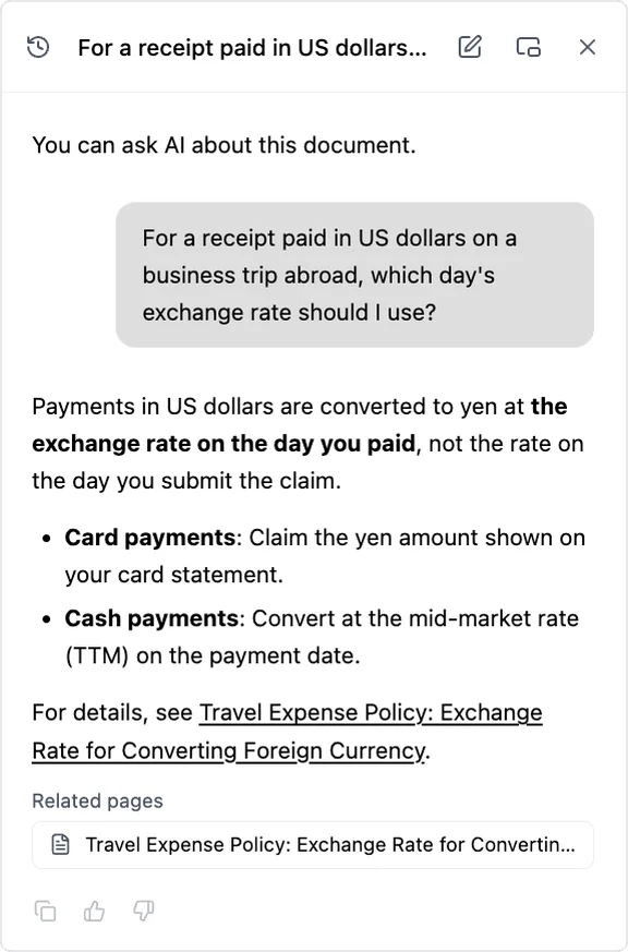 The AI chat of an internal manual after the rule was added and published. To the question "For a receipt paid in US dollars on a business trip abroad, which day's exchange rate should I use?", the AI answers "Payments in US dollars are converted to yen at the exchange rate on the day you paid, not the day you submit the claim", lists that card payments are claimed at the yen amount on the card statement and cash payments are converted at the mid-market rate (TTM) on the payment date, and shows "Exchange rate for converting foreign currency" in the Travel Expense Policy as the reference page.