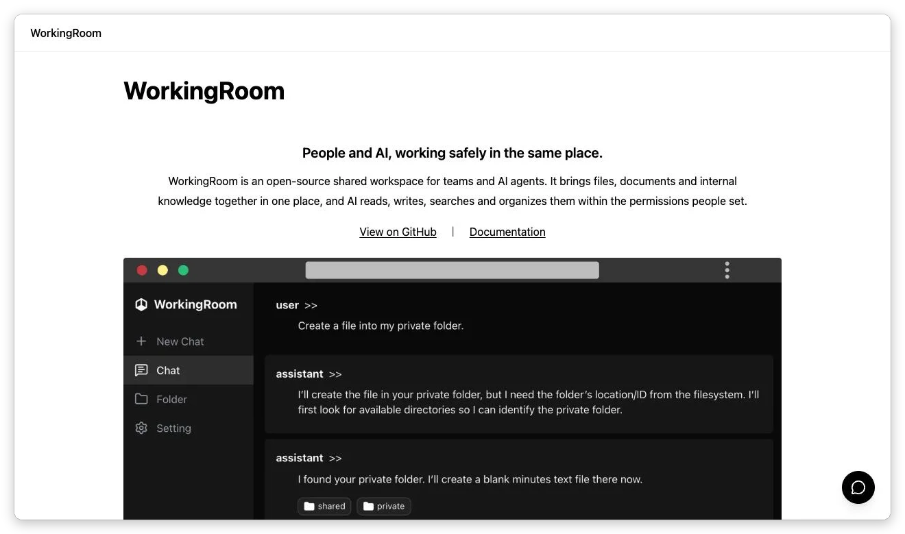 The top of the WorkingRoom landing page created by Claude, with the catchphrase, a product introduction, links to GitHub and the documentation, and a screenshot of WorkingRoom