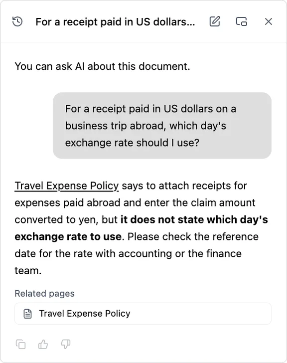 The AI chat of an internal manual. To the question "For a receipt paid in US dollars on a business trip abroad, which day's exchange rate should I use?", the AI answers "The Travel Expense Policy says to convert the amount to yen, but it does not state which day's exchange rate to use", and shows "Travel Expense Policy" as the reference page.