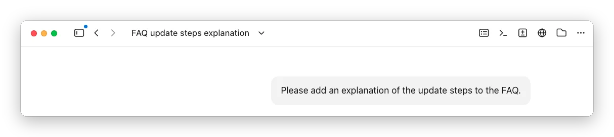 Claude Code Desktop with an instruction asking it to add an explanation of the update steps to the FAQ